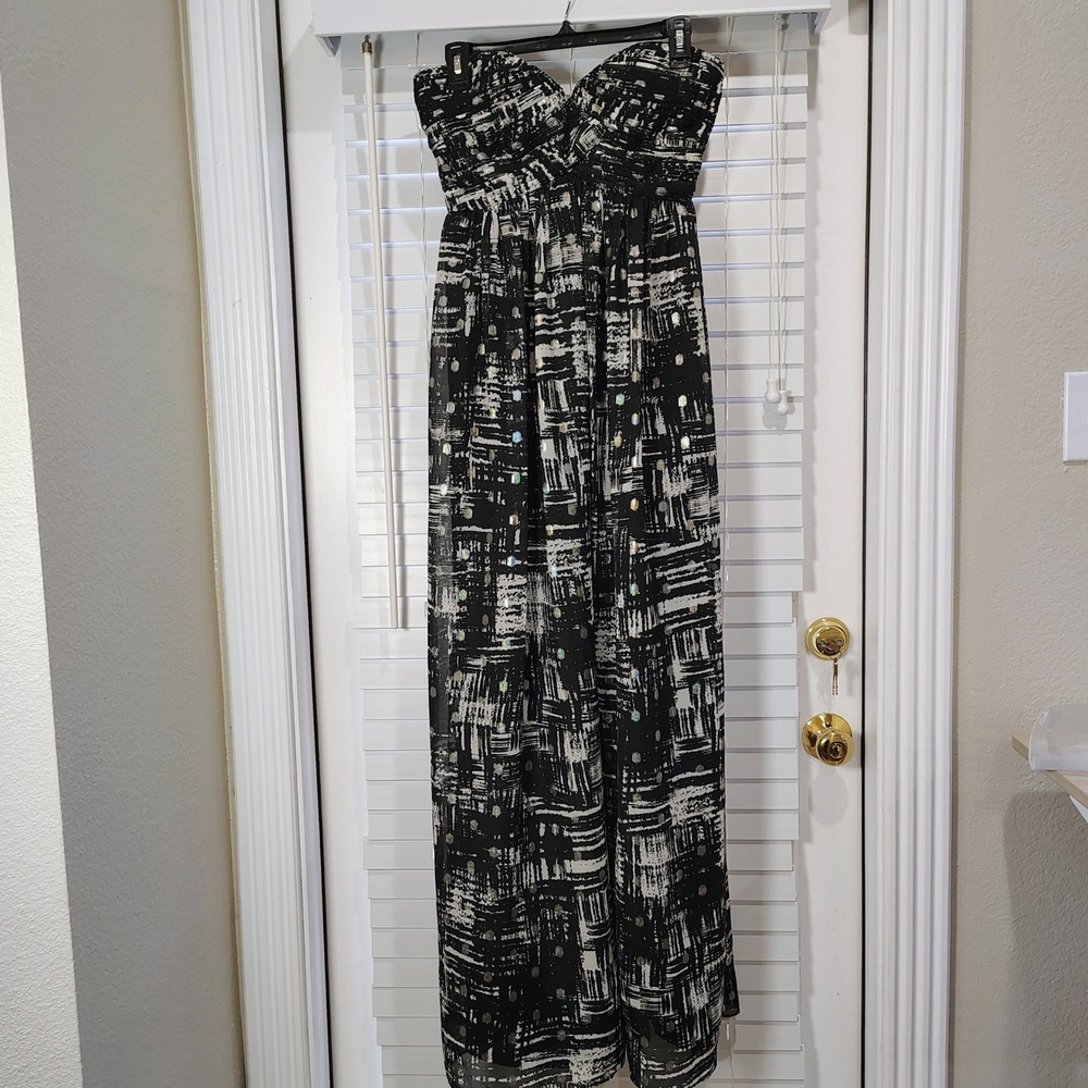Whimsigoth Maxi Dress XS Black White Strapless Abstract Metallic Formal HOCO